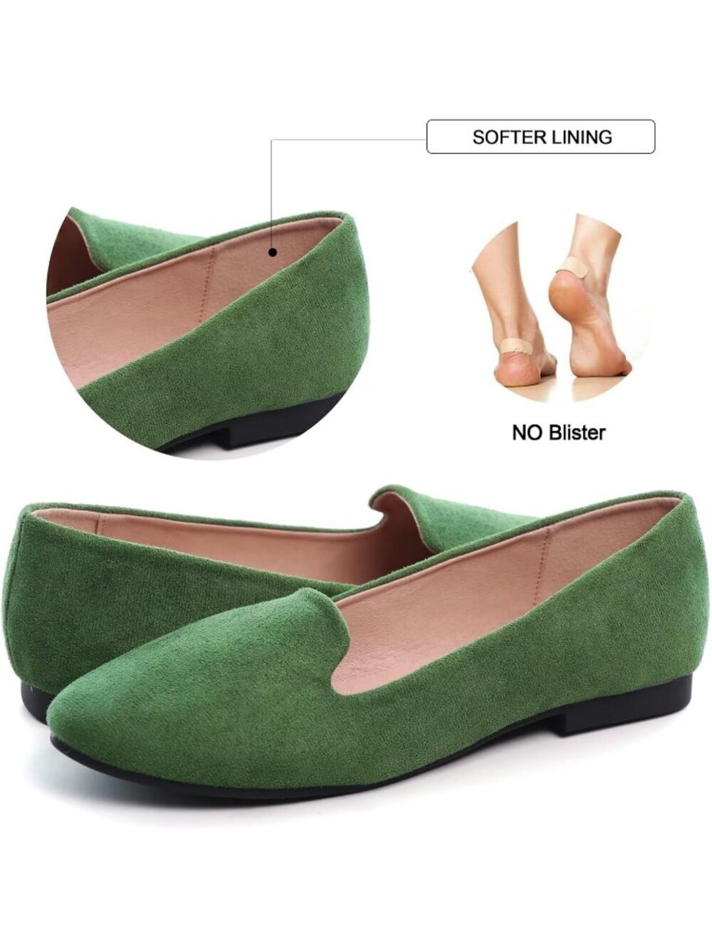 Women's Round Toe Army Green Suede Comfortable Ballet Flats Slip On Dress Shoes - Picture 4 of 6